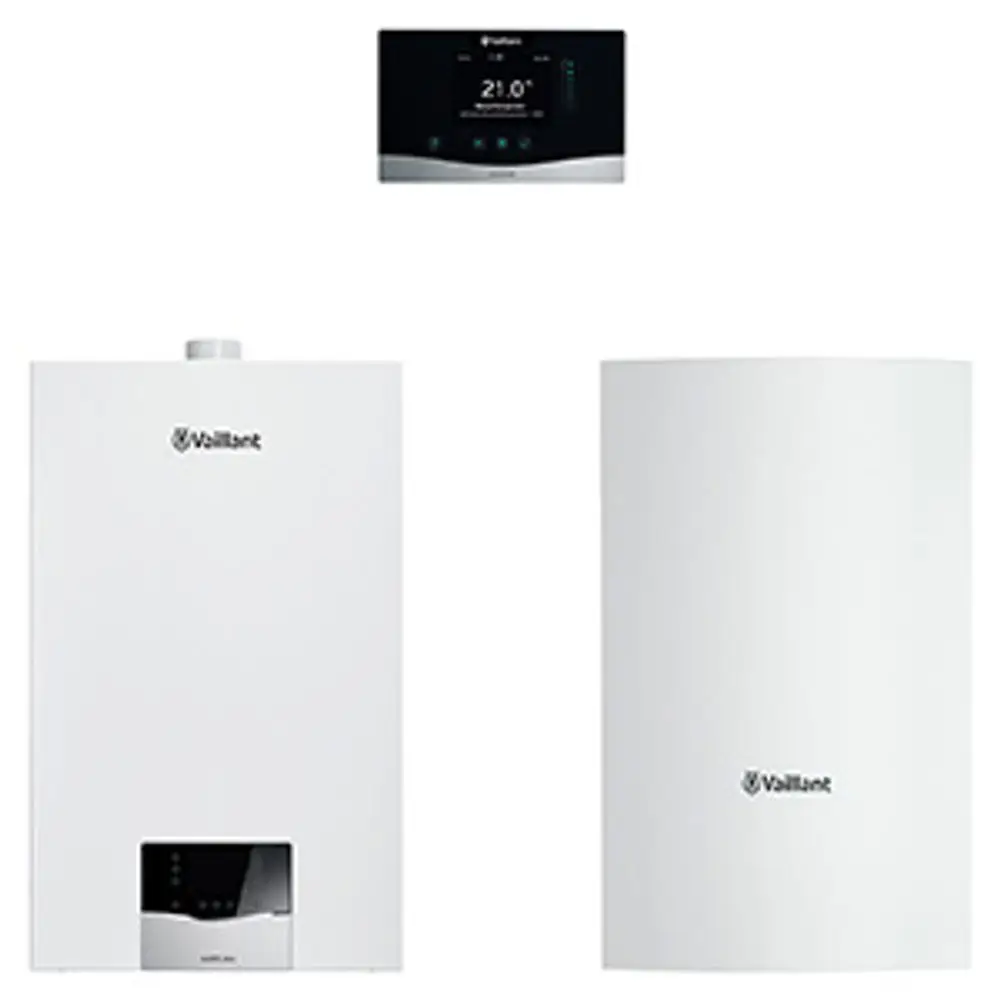 Vaillant Heizungsanlage bestehend aus einem Heizgerät mit Display, einem Speicher und einem Thermostat, alles in Weiß und funktional angeordnet.